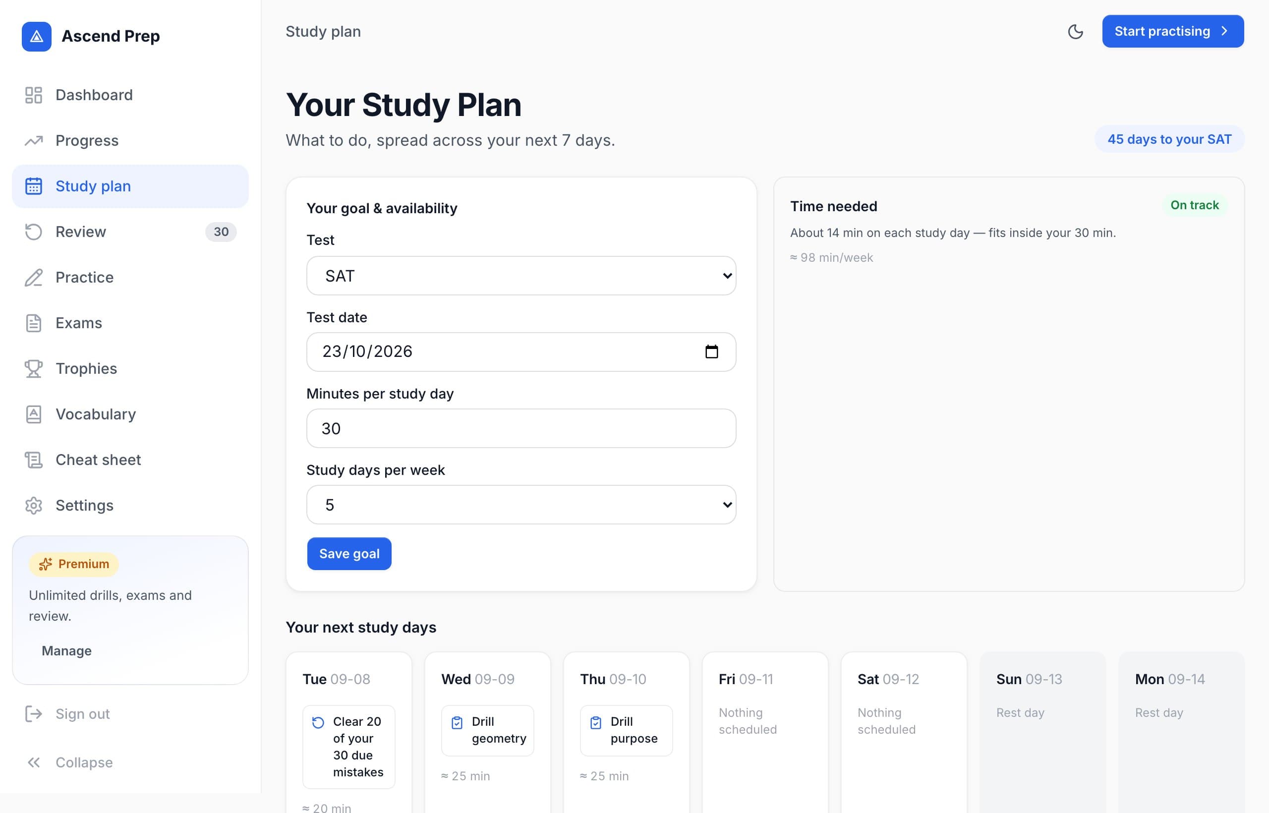 The study plan page: a goal form with test date, minutes per day and study days per week, a Time needed panel marked On track, and a row of seven day cards each holding a scheduled task.