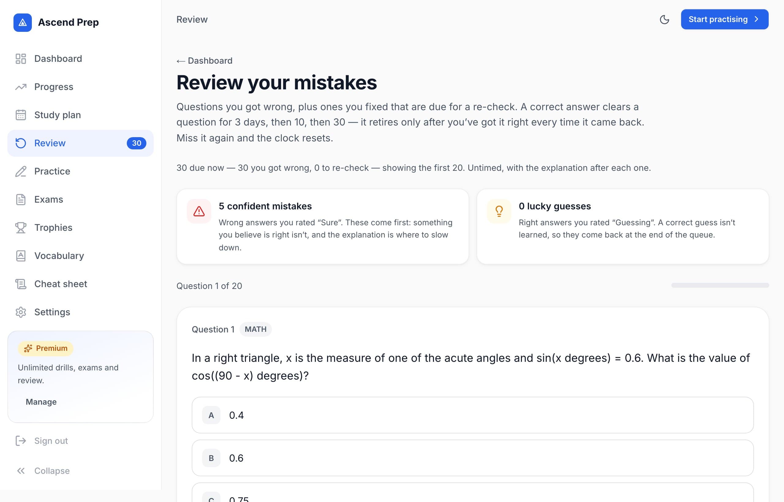 The review-mistakes page: a linear equation question with the correct choice highlighted, a green Correct badge, and the worked explanation.